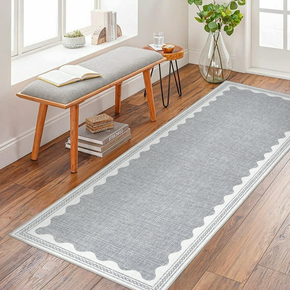 GlowSol 2'x6' Scalloped Pattern Runner Rug Solid Runner Rugs Non Slip Bedroom Runner Rug for Hallway Kitchen, Gray
