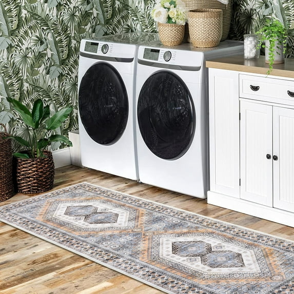 GlowSol 2'x6' Vintage Boho Runner Rug Non-Slip Washable Bedsides Runner Rug Distressed Indoor Floor Carpet for Kitchen Laundry Room, Light Orange Gray