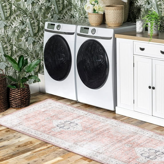 GlowSol 2'x6' Vintage Boho Runner Rug Non-Slip Washable Bedsides Runner Rug Medallion Distressed Indoor Floor Carpet for Kitchen Laundry Room, Light Orange