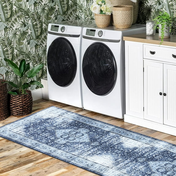 GlowSol 2'x6' Vintage Boho Runner Rug Non-Slip Washable Bedsides Runner Rug Medallion Distressed Indoor Floor Carpet for Kitchen Laundry Room, Navy Blue
