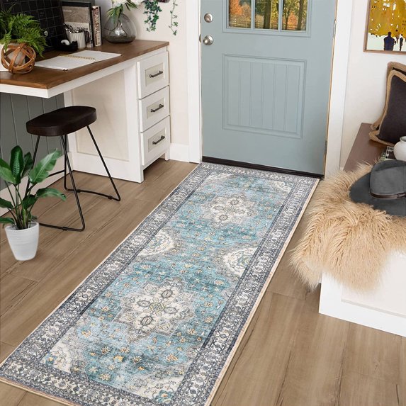 GlowSol 2'x6' Vintage Floral Runner Rug Boho Runner Rug Hallway Bedsides Runners Soft Aesthetic Non-Slip Rug for Laundry Room, Teal