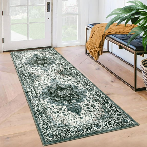 GlowSol 2'x6' Washable Boho Runner Rug Vintage Floral Rugs Hallway Kitchen Non-Slip Bedroom Rug for Laundry Room, Gray Green