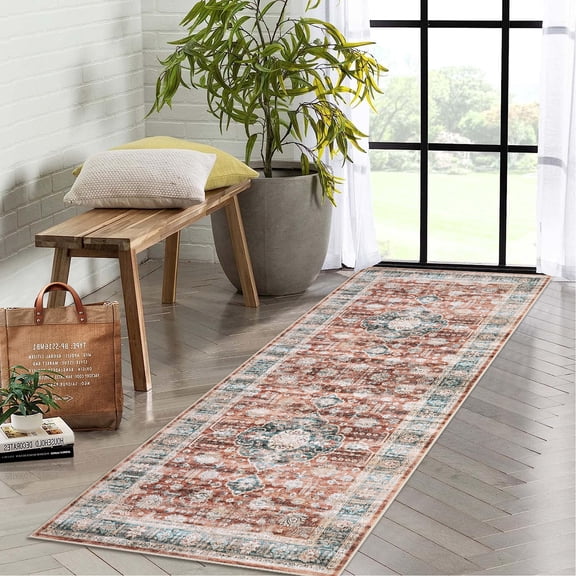 GlowSol 2'x6' Washable Hallway Runner Rug Vintage Medallion Print Low Pile Non-Slip Bedroom Runner Rugs for Kitchen Laundry, Brick