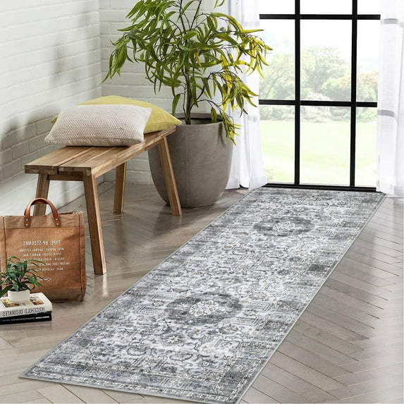 GlowSol 2'x6' Washable Hallway Runner Rug Vintage Medallion Print Low Pile Non-Slip Bedroom Runner Rugs for Kitchen Laundry, Gray