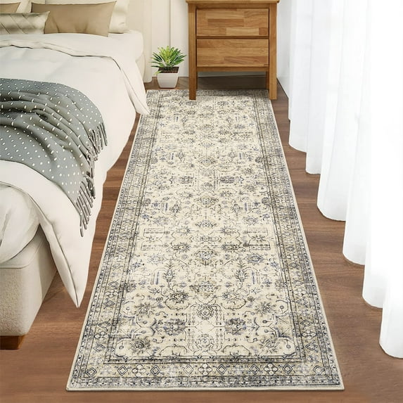 GlowSol 2'x6' Washable Hallway Runner Rug Vintage Print Low Pile Non-Slip Bedroom Runner Rugs for Kitchen Laundry, Beige