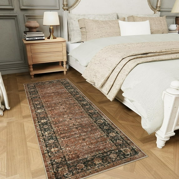 GlowSol 2'x6' Washable Runner Rug Floral Print Runner Rugs Soft Vintage Distressed Low Pile Non-Slip Bedroom Rugs for Kitchen Laundry, Brown/Brick Red