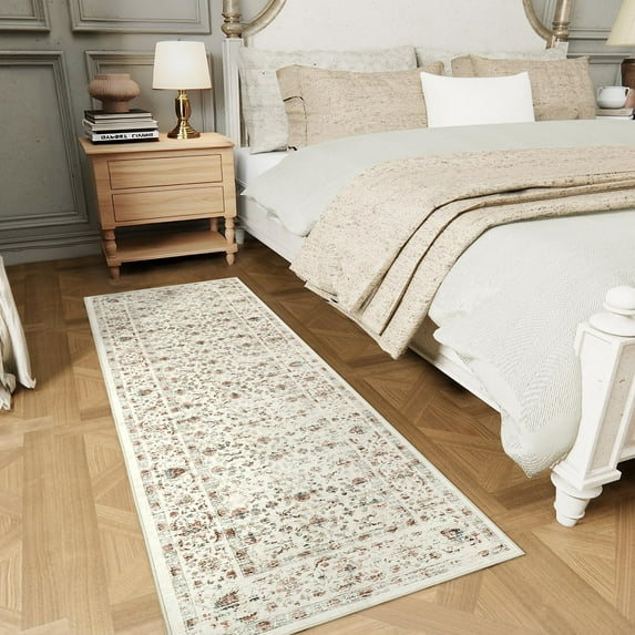 GlowSol 2'x6' Washable Runner Rug Floral Print Runner Rugs Soft Vintage Distressed Low Pile Non-Slip Bedroom Rugs for Kitchen Laundry, Beige