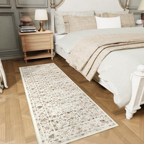 GlowSol 2'x6' Washable Runner Rug Floral Print Runner Rugs Soft Vintage Distressed Low Pile Non-Slip Bedroom Rugs for Kitchen Laundry, Beige