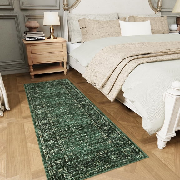 GlowSol 2'x6' Washable Runner Rug Floral Print Runner Rugs Soft Vintage Distressed Low Pile Non-Slip Bedroom Rugs for Kitchen Laundry, Green