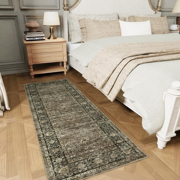 GlowSol 2'x6' Washable Runner Rug Floral Print Runner Rugs Soft Vintage Distressed Low Pile Non-Slip Bedroom Rugs for Kitchen Laundry, Taupe