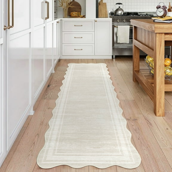 GlowSol 2'x6' Washable Runner Rug Hallway Kitchen Runner Rug Irregular Bedroom Runners Bordered Non-Slip Soft Runners for Laundry Room, Ivory White