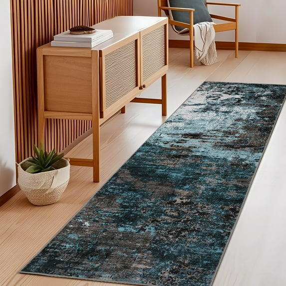 GlowSol 2'x6' Washable Runner Rug Modern Abstract Runner Rugs Soft Low Pile Non-Slip Bedroom Rugs for Kitchen Hallway Laundry, Blue Green