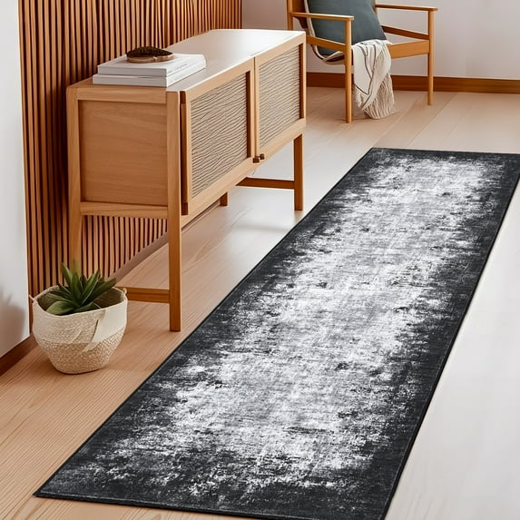 GlowSol 2'x6' Washable Runner Rug Modern Abstract Runner Rugs Soft Low Pile Non-Slip Bedroom Rugs for Kitchen Hallway Laundry, Gray Black