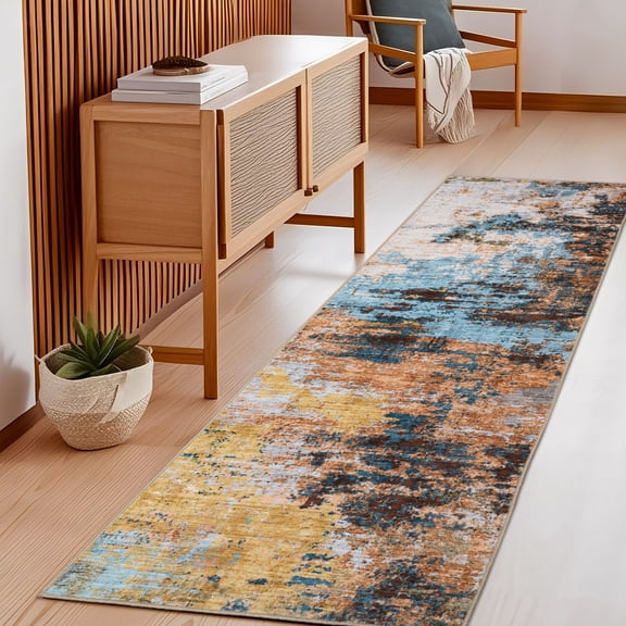 GlowSol 2'x6' Washable Runner Rug Modern Abstract Runner Rugs Soft Low Pile Non-Slip Bedroom Rugs for Kitchen Hallway Laundry, Yellow Ornage Blue