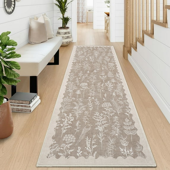 GlowSol 2'x6' Washable Runner Rug Modern Floral Runner Rug Soft Non Slip Bedroom Runner for Laundry Room Hallway Kitchen, Brown