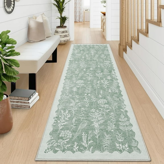 GlowSol 2'x6' Washable Runner Rug Modern Floral Runner Rug Soft Non Slip Bedroom Runner for Laundry Room Hallway Kitchen, Green