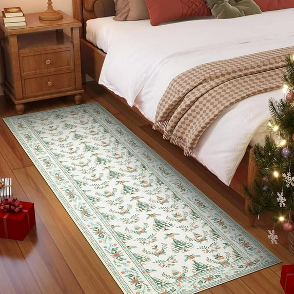 GlowSol 2'x8' Christmas Runner Rug Indoor Non-Slip Bedsides Runner Rug Soft Xmas Tree Area Rug for Hallway Kitchen Laundry Room, Beige