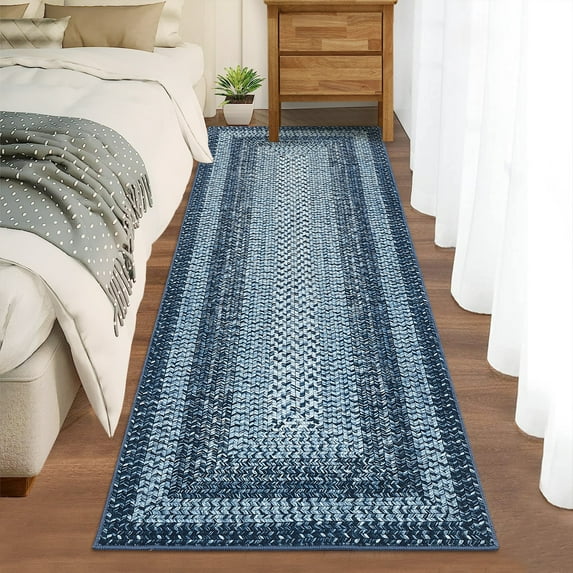 GlowSol 2'x8' Runner Rug Modern Braided Print Runner Rug Washable Non Slip Low Pile Runners for Kitchen Hallway Laundry, Gray Blue