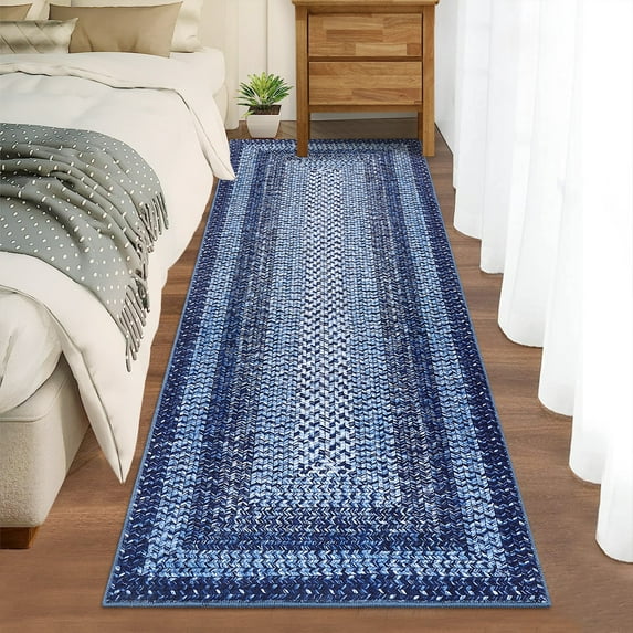 GlowSol 2'x8' Runner Rug Modern Braided Print Runner Rug Washable Non Slip Low Pile Runners for Kitchen Hallway Laundry, Navy Blue
