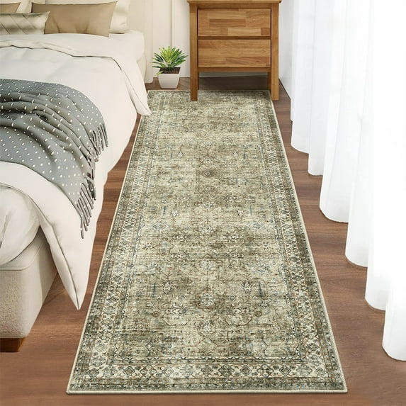 GlowSol 2'x8' Washable Hallway Runner Rug Vintage Print Low Pile Non-Slip Bedroom Runner Rugs for Kitchen Laundry, Taupe