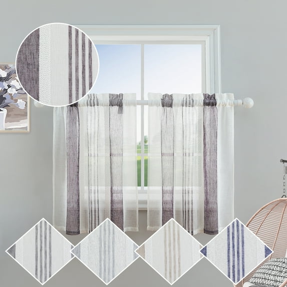 GlowSol 27"W x 30"L Cafe Curtain Farmhouse Faux Linen Light Filtering Kitchen Curtain with Vertical Stripetier for Living Room, Purple, 2 Panels