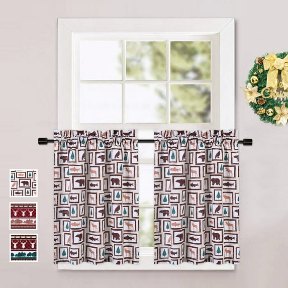 GlowSol 27"W x 36"L Tier Curtains for Kitchen Animals Forest Farmhouse Home Decor Curtains for Cafe Bathroom, Brown White, 2 Panels