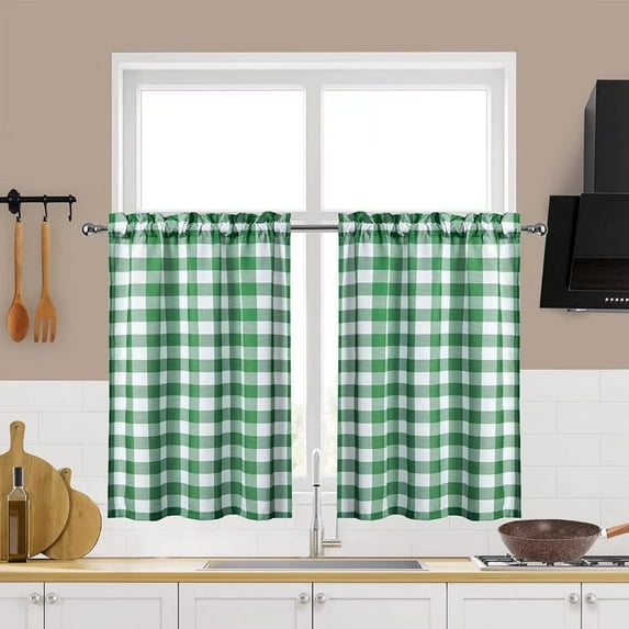 GlowSol 28"W x 30"L Kitchen Curtain Plaid Blackout Window Curtain Drapes for Living Room Bedroom, Green, 2 Panels