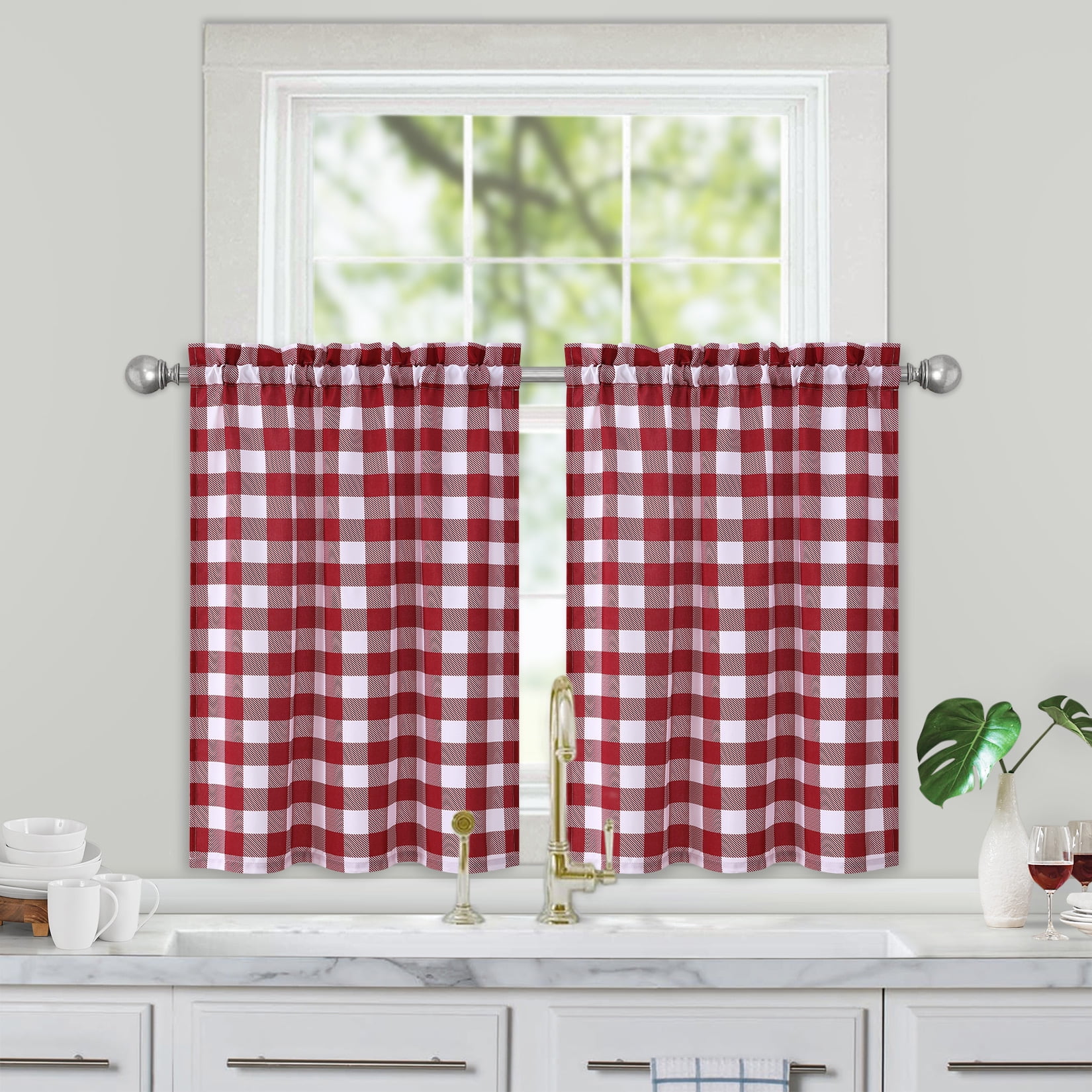 GlowSol 28"W x 36"L Red White Kitchen Curtains Buffalo Plaid Gingham