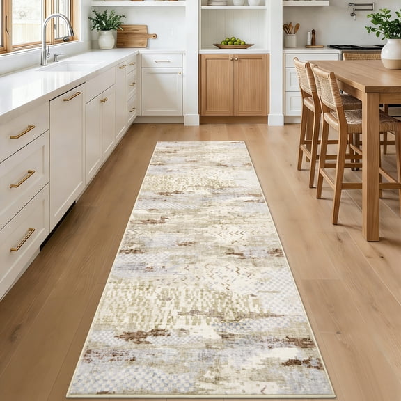 GlowSol 2x6 Beige Polyester Boho Washable Runner Rug with Non-Slip TPR Backing, Entryway, Hallway, Kitchen, Laundry Room