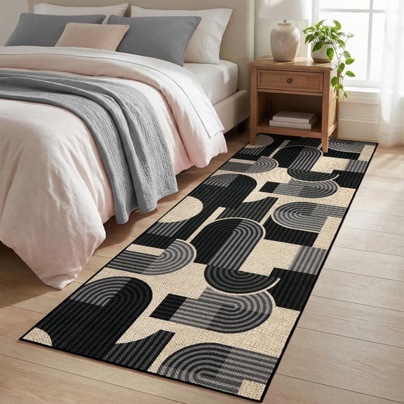 GlowSol 2x6 Black Geometric Jute-Look Washable Runner Rug, Low Pile Non-Shed Stain Resistant Entry Mat for Hallway Kitchen Bedroom