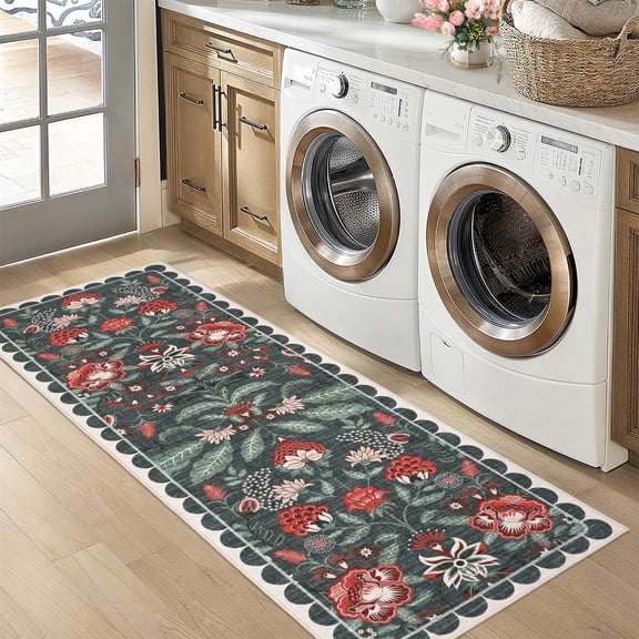 GlowSol 2x6 Blue Green Non Slip Washable Garden Floral Low Pile Runner Rug for Entryway Hallway Bedroom Living Room