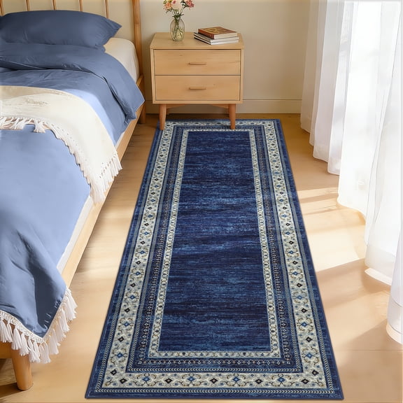 GlowSol 2x6 Blue Washable Non-Slip Runner Rug, Ultra-Soft Shaggy Modern Printed Carpet for Entryway Kitchen Laundry Room