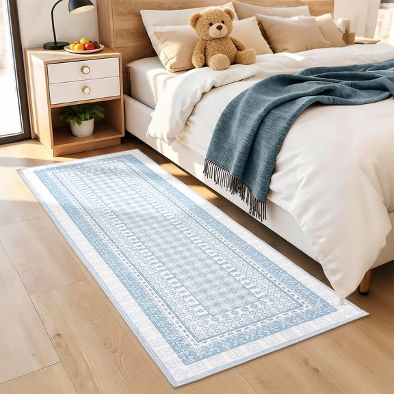 GlowSol 2x6 Blue Washable Runner Rug - Non Slip Boho Hallway Mat, Machine Washable Kitchen Entryway Carpet for Bedroom Bathroom Living Room