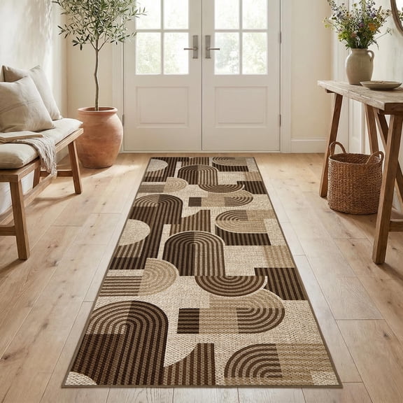 GlowSol 2x6 Brown Geometric Jute-Look Washable Runner Rug, Low Pile Non-Shed Stain Resistant Entry Mat for Hallway Kitchen Bedroom