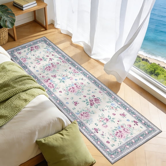 GlowSol 2x6 Gray Washable Floral Runner Rug, Non Slip Low Pile Rug for Hallway Kitchen Bedroom