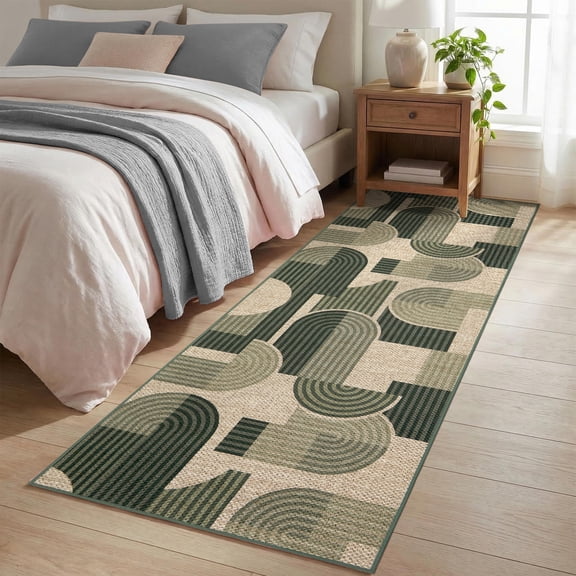 GlowSol 2x6 Green Geometric Jute-Look Washable Runner Rug, Low Pile Non-Shed Stain Resistant Entry Mat for Hallway Kitchen Bedroom
