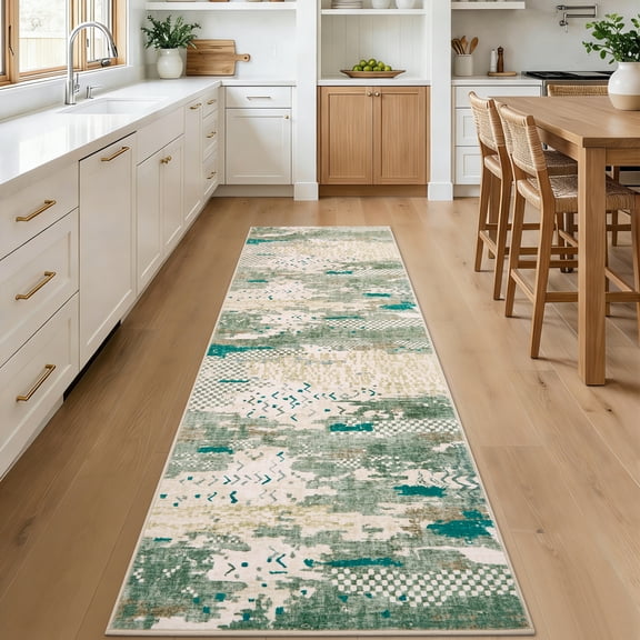 GlowSol 2x6 Green Polyester Boho Washable Runner Rug with Non-Slip TPR Backing, Entryway, Hallway, Kitchen, Laundry Room