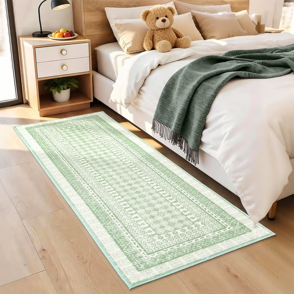 GlowSol 2x6 Green Washable Runner Rug - Non Slip Boho Hallway Mat, Machine Washable Kitchen Entryway Carpet for Bedroom Bathroom Living Room