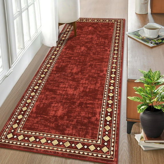 GlowSol 2x6 Hallway Runner Rug Border Rug Non-Slip Kitchen Bedsides Rug Geometric Border Rug Runner for Laundry Room Bedroom, Red