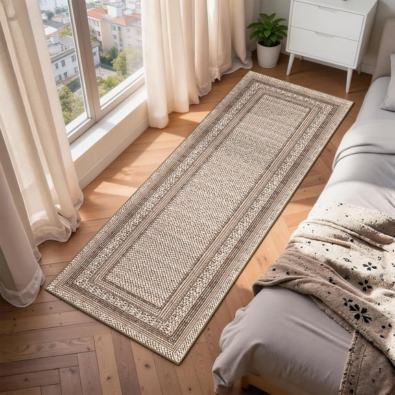 GlowSol 2x6 Khaki Modern Bordered Polyester Runner, Washable Non Slip Low Pile Rug for Kitchen Living Room Bedroom