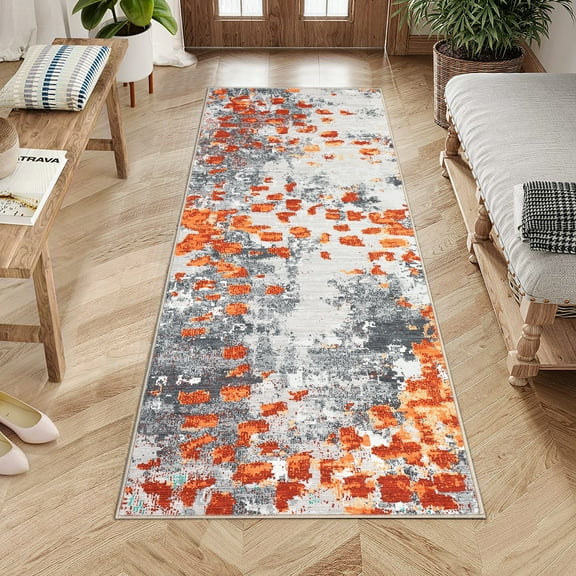 GlowSol 2x6 Kitchen Runner Rug Modern Abstract Area Rug Colorful Rug Anti-Slip Non-Shedding Rug Runner Foldable Carpet for Laundry Room, Orange/Gray
