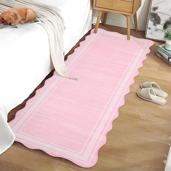 GlowSol 2x6 Kitchen Runner Rug Non Slip Washable Entry Rug Modern Scalloped Hallway Rugs Low Pile Stain Resistant Area Rug for Front Door, Foyer, Neutral Solid Color Carpet, Pink