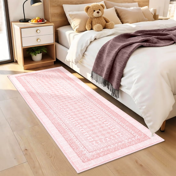 GlowSol 2x6 Pink Washable Runner Rug - Non Slip Boho Hallway Mat, Machine Washable Kitchen Entryway Carpet for Bedroom Bathroom Living Room