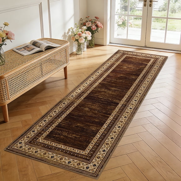GlowSol 2x6 Reddish Brown Washable Non-Slip Runner Rug, Ultra-Soft Shaggy Modern Printed Carpet for Entryway Kitchen Laundry Room