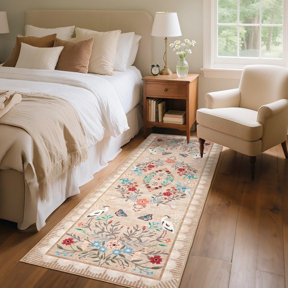 GlowSol 2x6 Rice Camel Washable Vintage Floral Runner Rug, Non Slip Low Pile Rug for Hallway Kitchen Bedroom