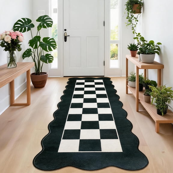 GlowSol 2x6 Runner Rug Kitchen Rugs Non Slip Washable Checkered Scalloped Border Rug Hallway Runner Rug Stain Resistant Easy Cleaning Non Shedding Floor Cover for Laundry Entryway, Black/White