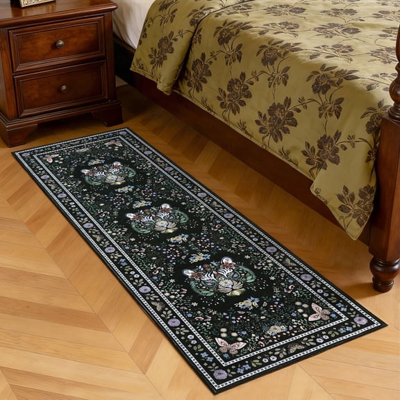 GlowSol 2x6 Tiger Floral Black Washable Runner Rug, Anti-Slip Low Pile Non-Shedding for Kitchen Entryway Bedroom