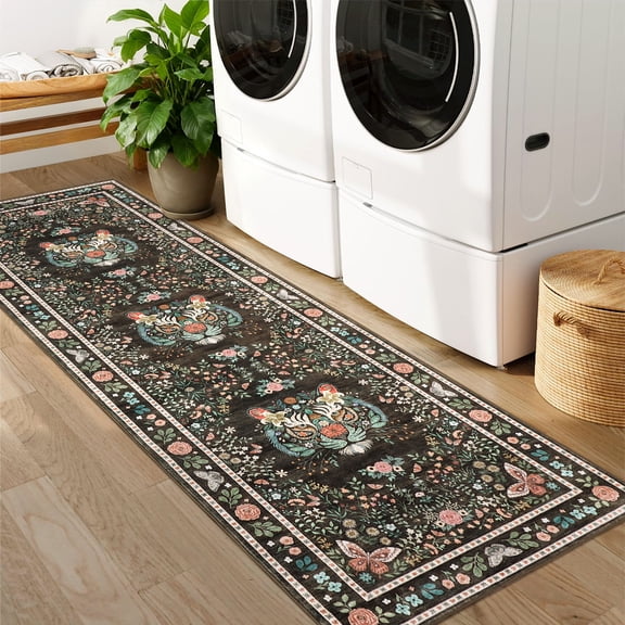 GlowSol 2x6 Tiger Floral Brown Washable Runner Rug, Anti-Slip Low Pile Non-Shedding for Kitchen Entryway Bedroom