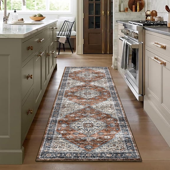 GlowSol 2x6 Vintage Floral Runner Rug, Weathered Print Machine Washable Low Profile Velvet Carpet, Anti-Slip Farmhouse Style Hallway Mat for Entryway Kitchen Bedroom Bathroom, Red