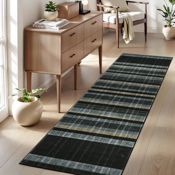 GlowSol 2x6 Washable Black Checkered Runner Rug, Non-Slip TPR Low Pile Rug for Hallway Kitchen Bedroom Living Room